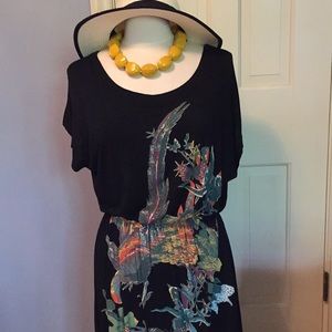 Black cotton screen printed short-sleeve dress